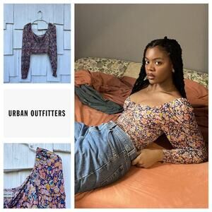 Urban Outfitters Old Soul Smocked Crop Top Floral Print Long Puff Sleeves Sz S‎